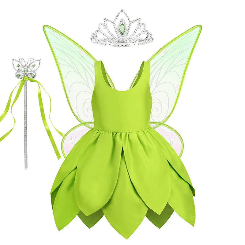 Summer Fancy Girl Green Elf Tinker Bell Backless Dress Christmas Halloween Kids Cosplay Birthday Party Fairy Princess Costumes