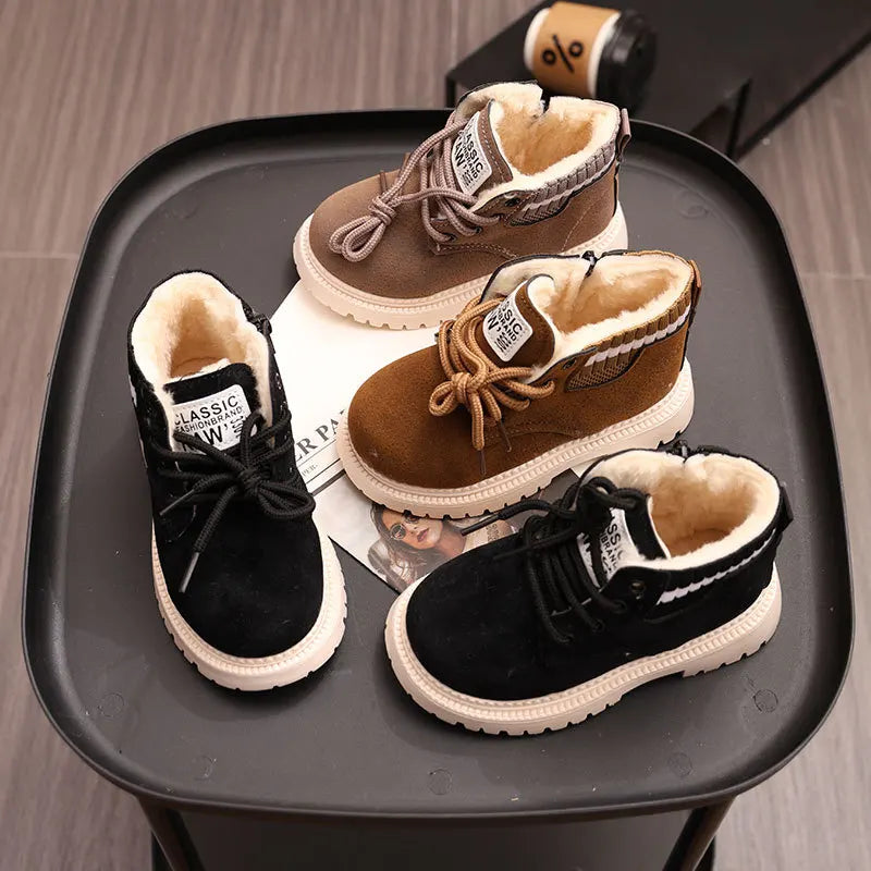 Children's Winter Fashion Cotton Shoes Boys' Warm Cotton Lined Ankle Boots for Boys Girls Side Zipper Retro Snow Thermal Boots