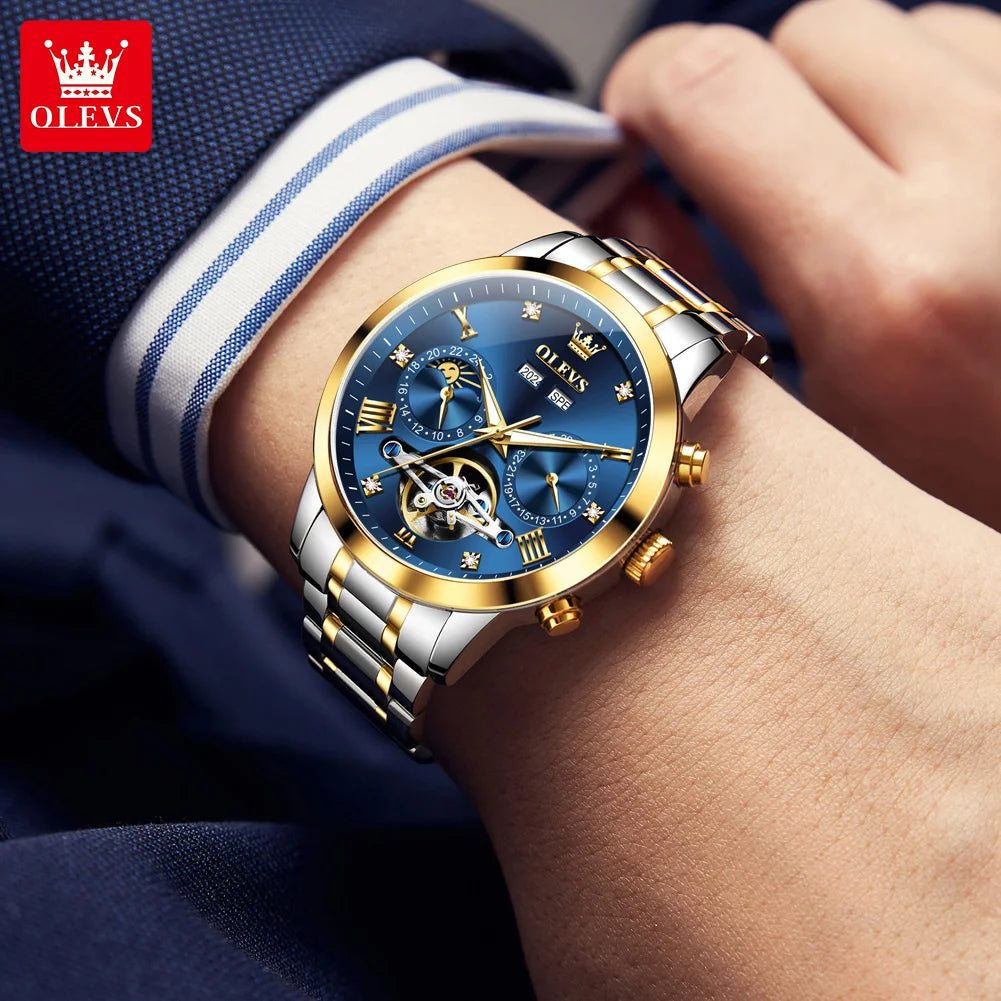 OLEVS 7029 Luxury Man Watch Stainless Steel Hollow Flywheel Moon Phase Exclusive Mechanical Movement Automatic Men's Watches New