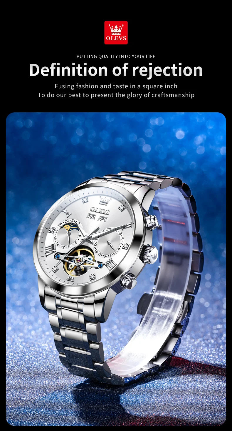OLEVS 7029 Luxury Man Watch Stainless Steel Hollow Flywheel Moon Phase Exclusive Mechanical Movement Automatic Men's Watches New