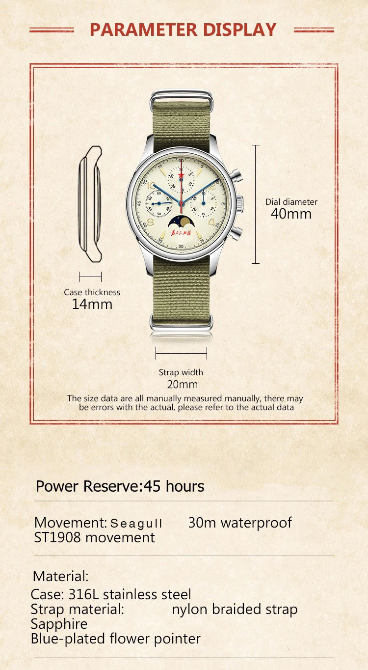 Original 1963 Men's 40mm  ST1908 Moonphase Manual Winding Movement Mechanical Chronograph Sapphire Glass Cream Dial Watch