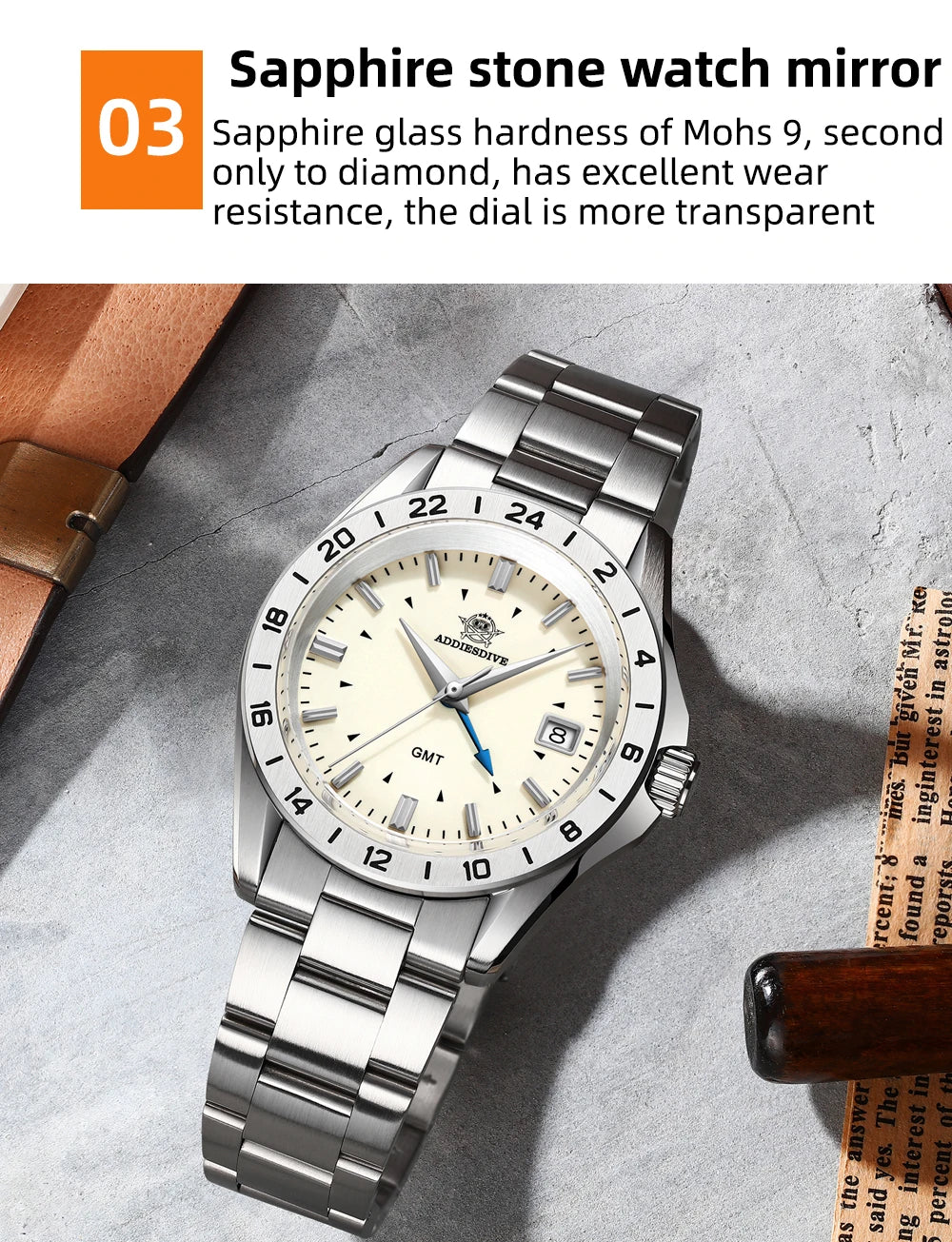 ADDIESDIVE NEW AD2063 38mm GMT Men's Watch Sapphire Glass Calendar 316L Stainless Steel Luxury Waterproof Watches Reloj Hombre