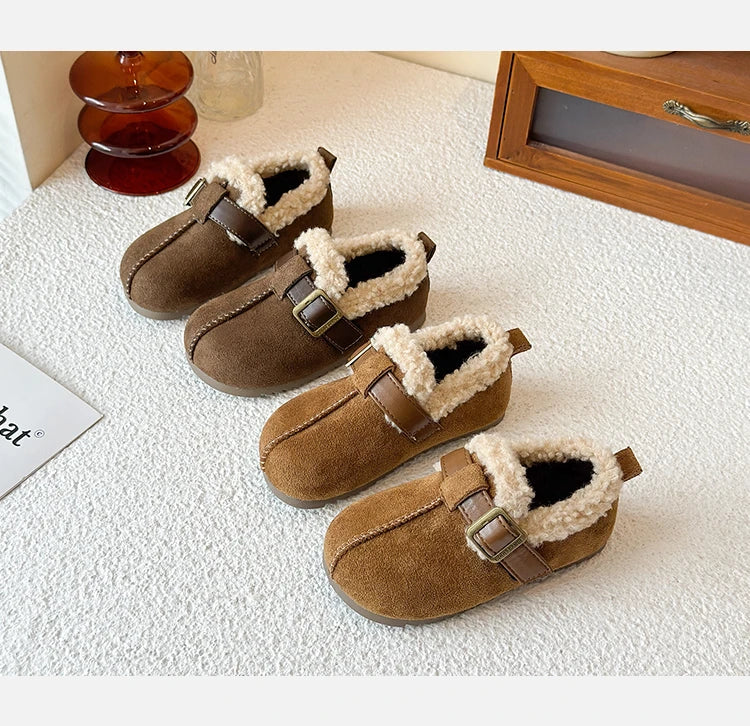 025 Winter New Children's Cotton Shoes for Girls; Soft Bottom One-piece Fur Warm Leather Shoes