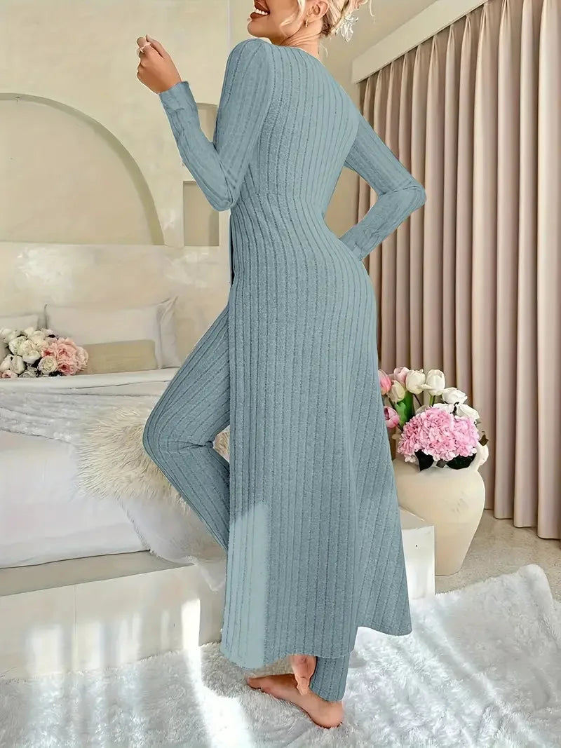 2025 Autumn Winter Home Casual Women's Suit Fashionable Solid Color Round Collar Super Long Slit Top Slim Trousers Two-piece Set