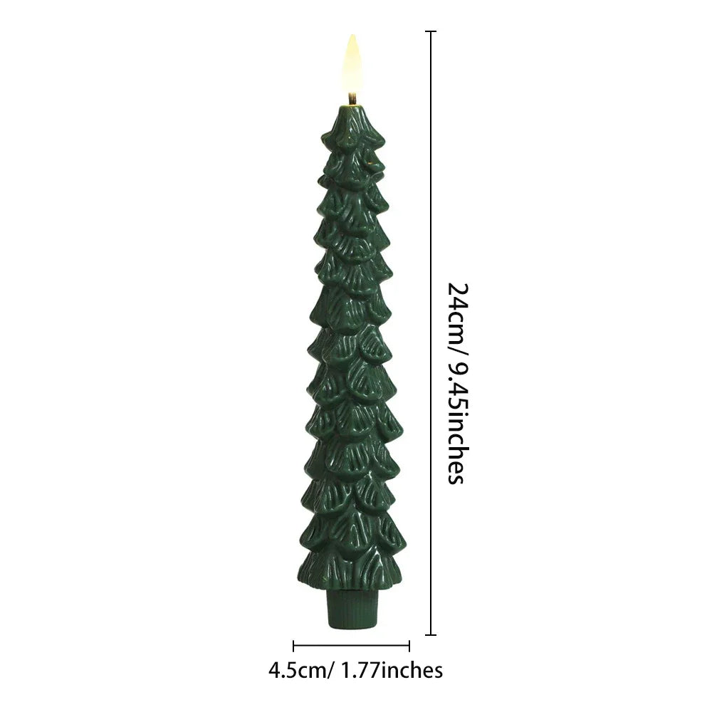 2pc/4pcs Christmas Tree LED Flameless Candles Light with 3D Flame Wick Green LED Candlesticks  Operated for Christmas Home Decor