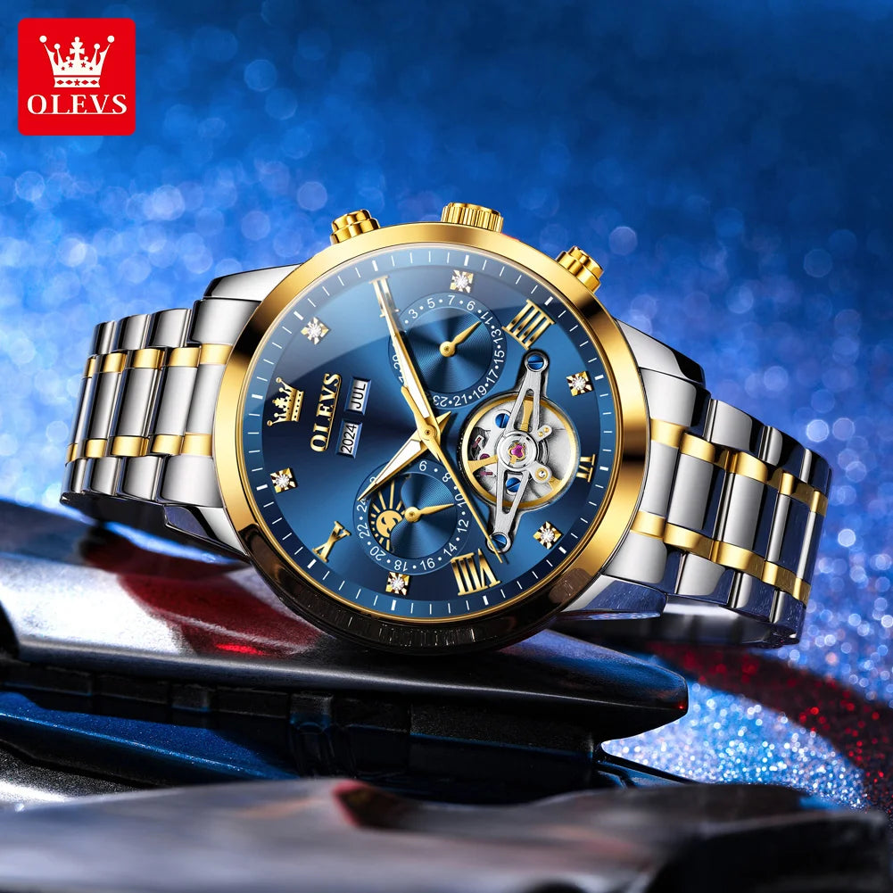 OLEVS 7029 Luxury Man Watch Stainless Steel Hollow Flywheel Moon Phase Exclusive Mechanical Movement Automatic Men's Watches New