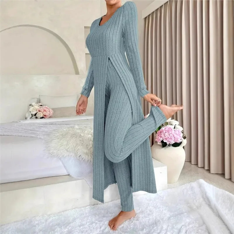 2025 Autumn Winter Home Casual Women's Suit Fashionable Solid Color Round Collar Super Long Slit Top Slim Trousers Two-piece Set