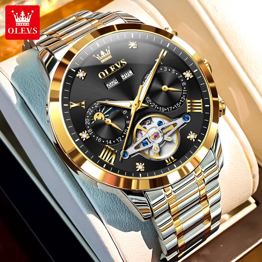 OLEVS 7029 Luxury Man Watch Stainless Steel Hollow Flywheel Moon Phase Exclusive Mechanical Movement Automatic Men's Watches New