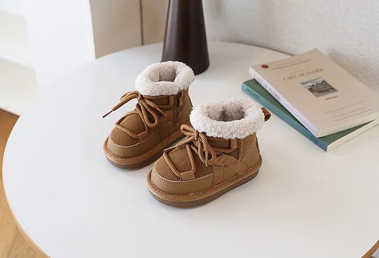 2025 New Winter Children Snow Boots Leather Warm Plush Soft Sole Toddler Boys Shoes Non-slip Fashion Girls Boots EU 21-30