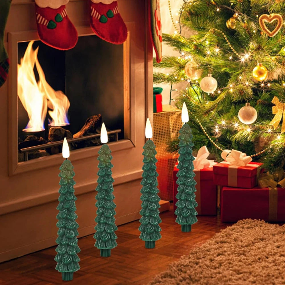 2pc/4pcs Christmas Tree LED Flameless Candles Light with 3D Flame Wick Green LED Candlesticks  Operated for Christmas Home Decor
