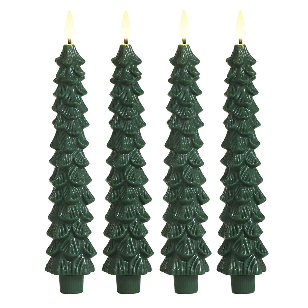 2pc/4pcs Christmas Tree LED Flameless Candles Light with 3D Flame Wick Green LED Candlesticks  Operated for Christmas Home Decor