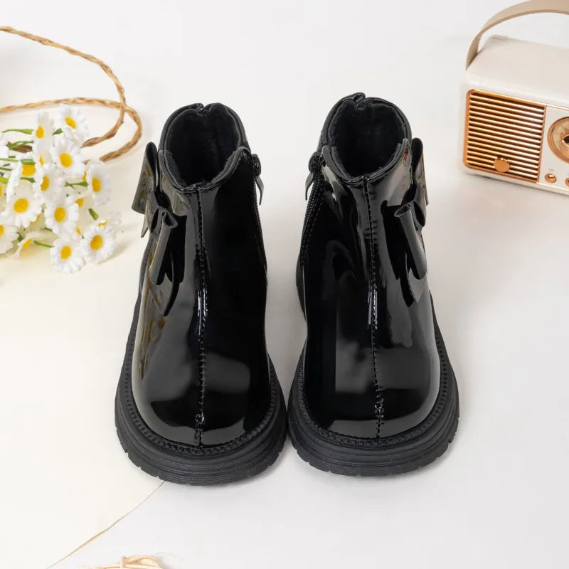 Children's Ankle Boots Winter New Girls Fashion Platform Boots Glossy PU Warm Kids Causal Cotton Boots Sweet Bowknot Versatile
