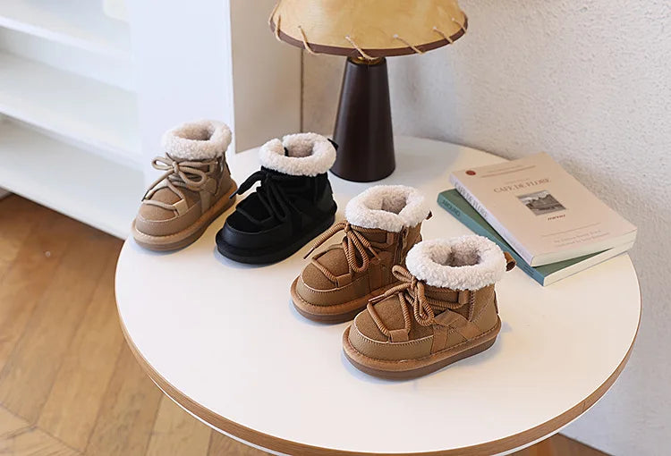 2025 New Winter Children Snow Boots Leather Warm Plush Soft Sole Toddler Boys Shoes Non-slip Fashion Girls Boots EU 21-30