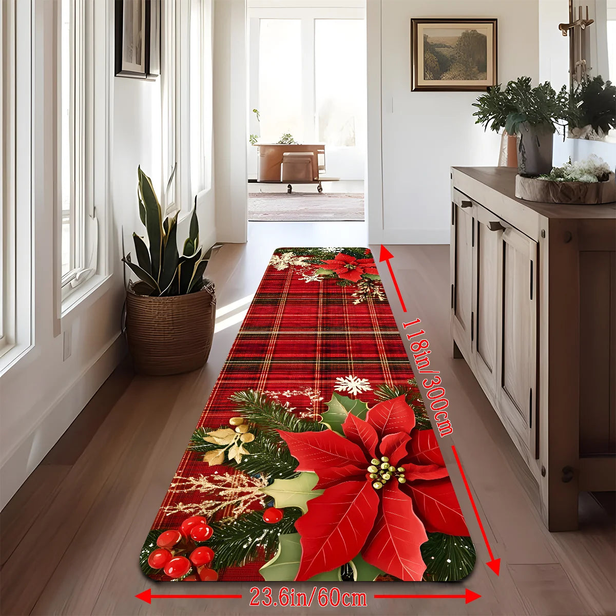 VIKAMA Christmas Checkered Corridor Floor Mats, Machine Washable, Bedside/Sofa Rugs, Kitchen Carpets, Home Decorations