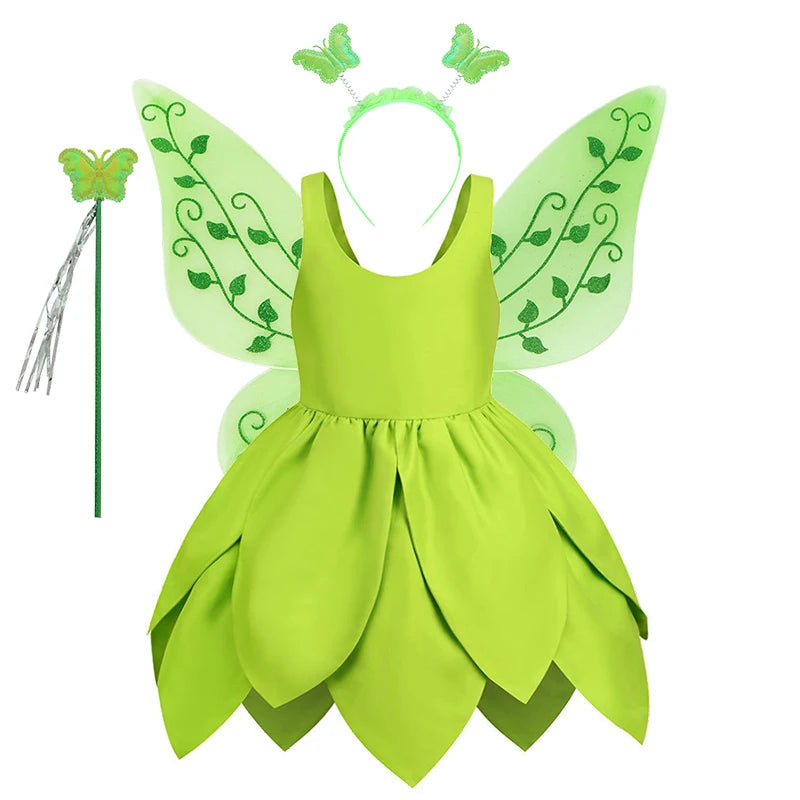 Summer Fancy Girl Green Elf Tinker Bell Backless Dress Christmas Halloween Kids Cosplay Birthday Party Fairy Princess Costumes