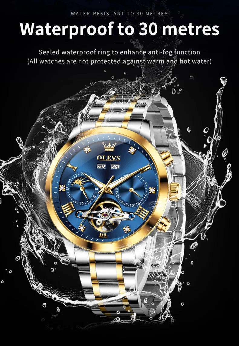 OLEVS 7029 Luxury Man Watch Stainless Steel Hollow Flywheel Moon Phase Exclusive Mechanical Movement Automatic Men's Watches New