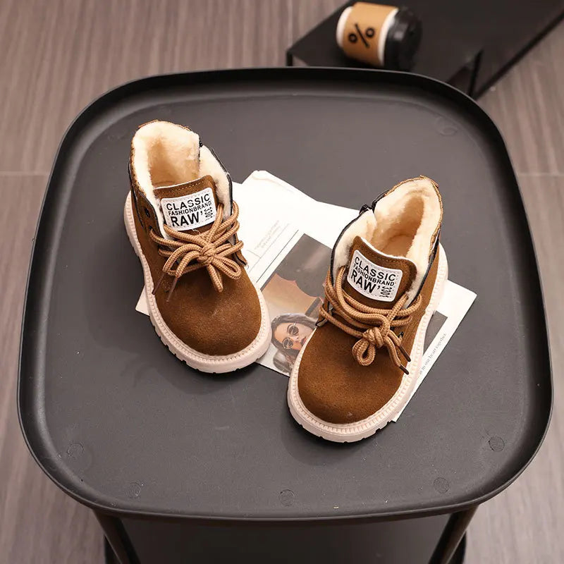 Children's Winter Fashion Cotton Shoes Boys' Warm Cotton Lined Ankle Boots for Boys Girls Side Zipper Retro Snow Thermal Boots