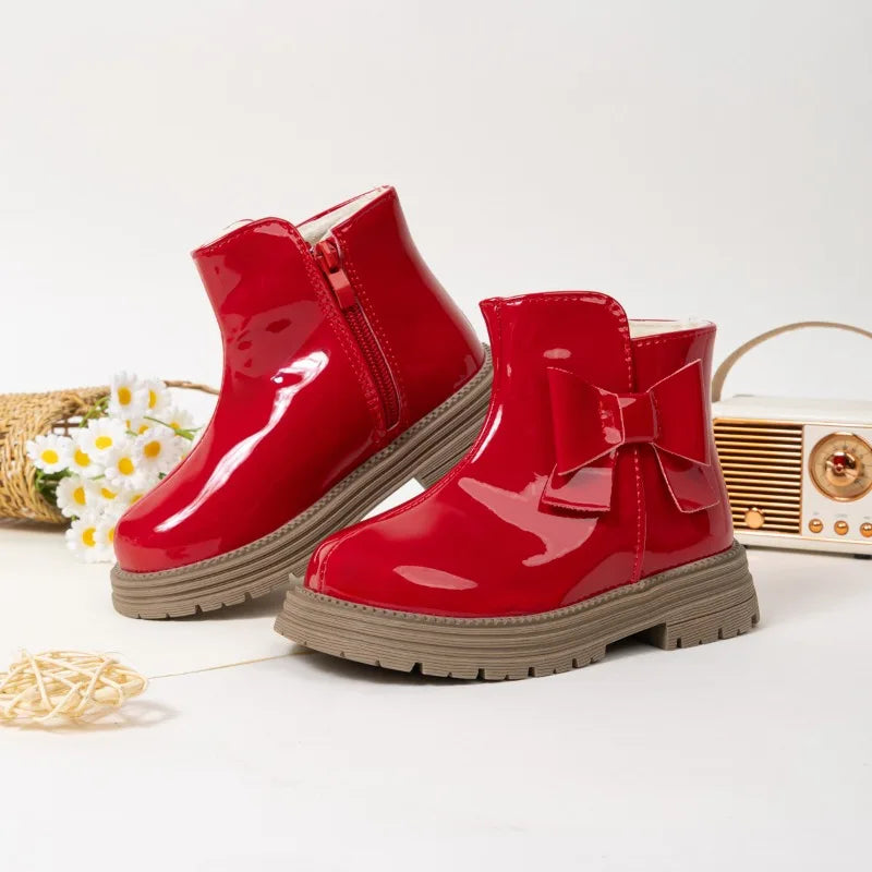 Children's Ankle Boots Winter New Girls Fashion Platform Boots Glossy PU Warm Kids Causal Cotton Boots Sweet Bowknot Versatile