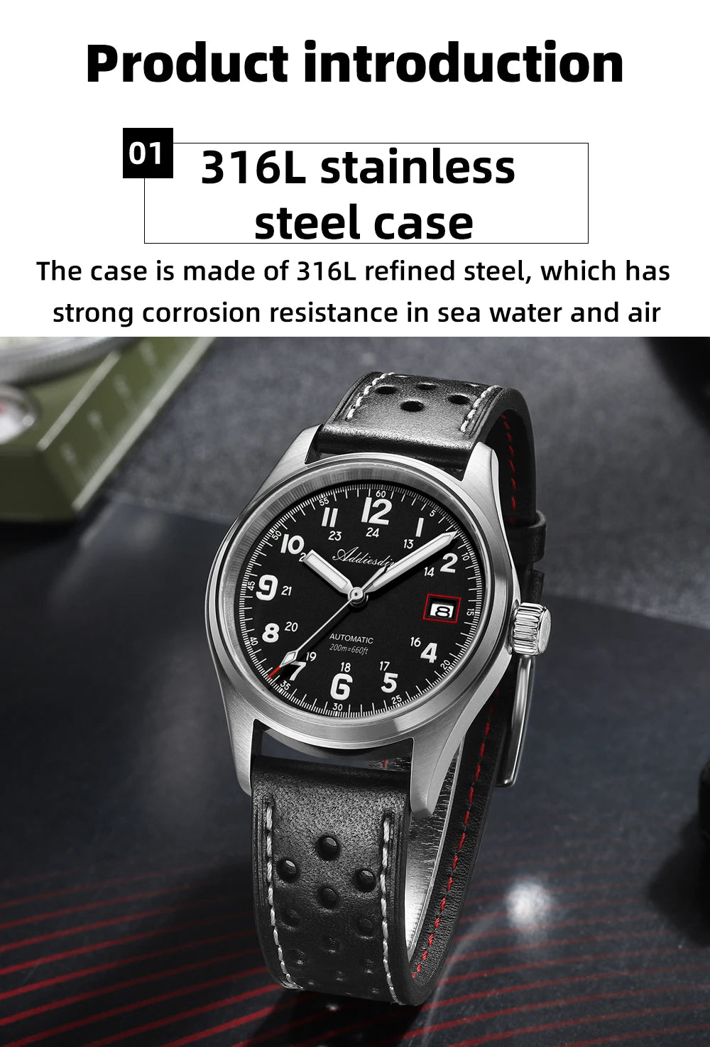 ADDIESDIVE Mechanical Watches New AD2070  Leather Strap BGW9 Super Luminous Sapphire 39mm Watches 20Bar Waterproof Reloj Hombre