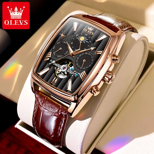 OLEVS Brand Luxury Tourbillon Mechanical Watch for Men Waterproof Luminous Fashion Moon Phases Mens Watches Relogio Masculino