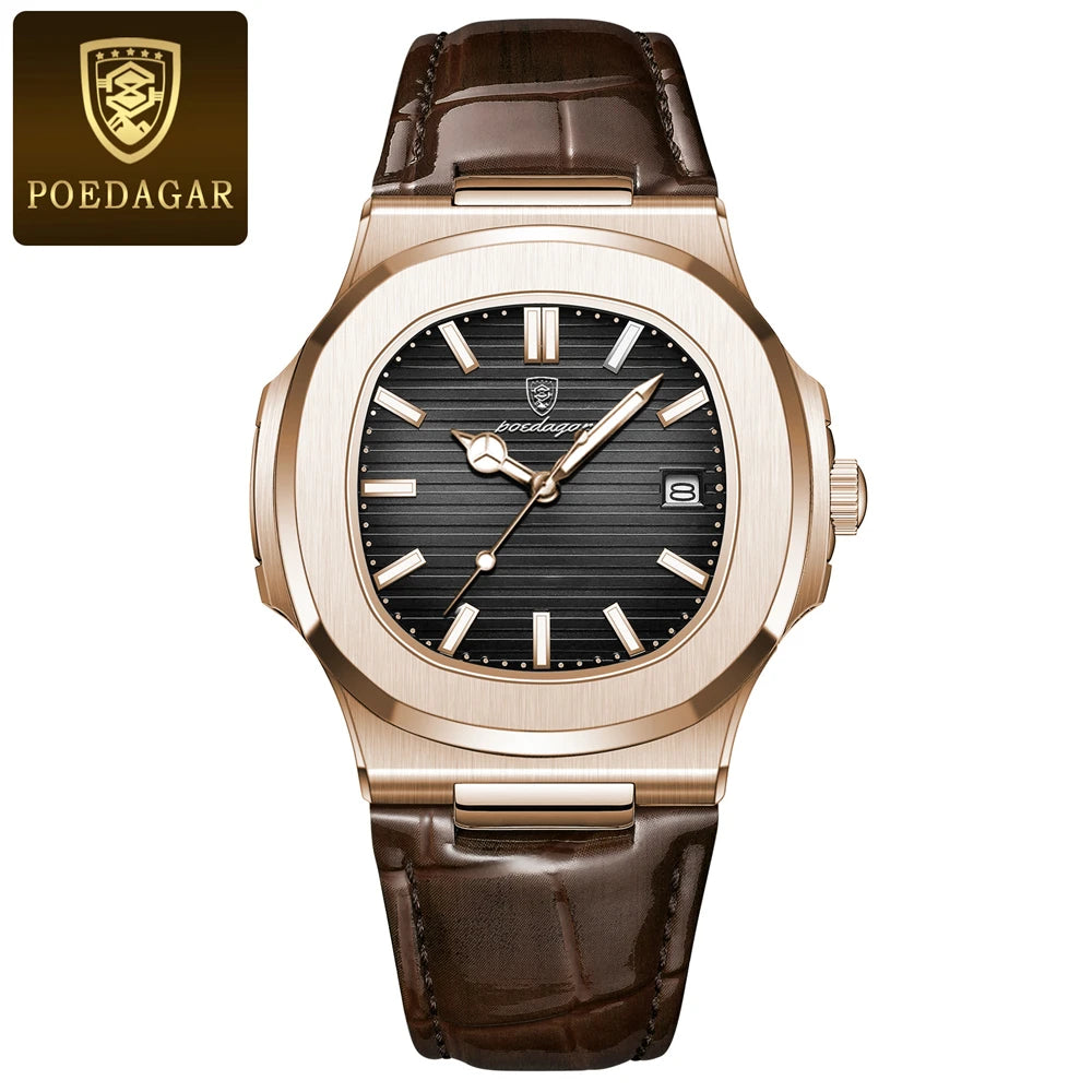 POEDAGAR Top Luxury Man Watch Date Waterproof Luminous Leather Watches For Men High Quality Square Men's Quartz Wristwatch Reloj