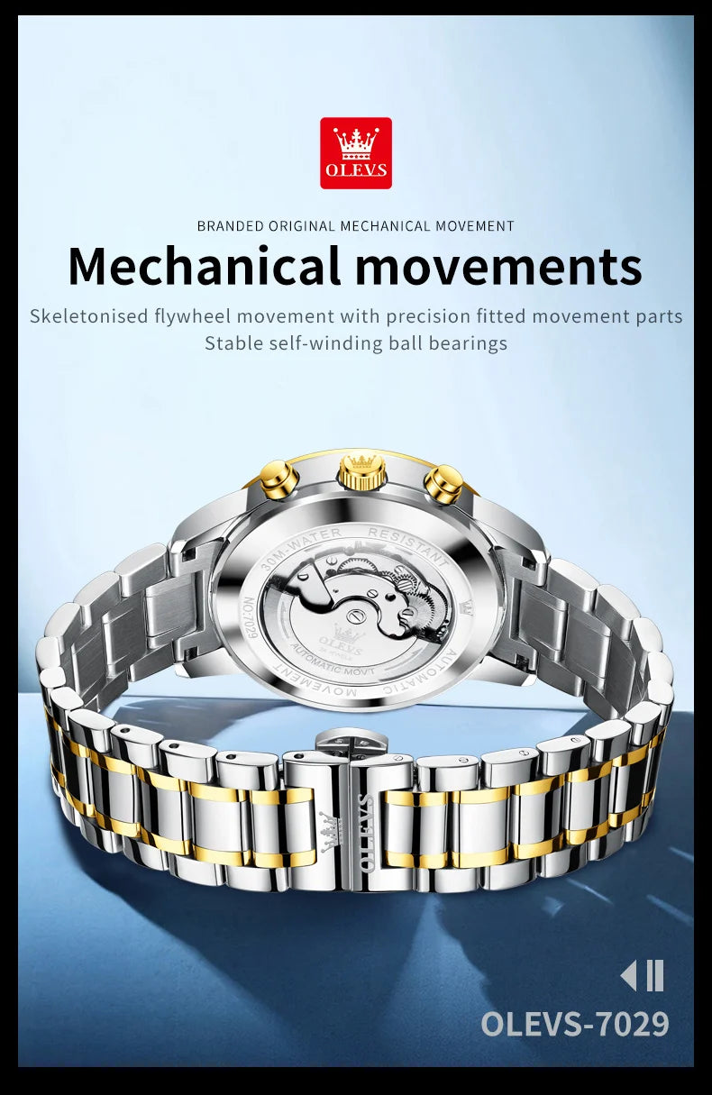 OLEVS 7029 Luxury Man Watch Stainless Steel Hollow Flywheel Moon Phase Exclusive Mechanical Movement Automatic Men's Watches New