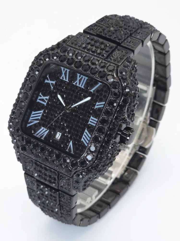 Men's Hip Hop Quartz Watch Fashion Iced out Diamond Men Watch Square Dial Calendar Luminous Feature Wristwatches Gift for Man