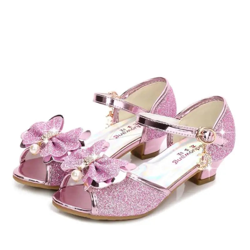 2025 Children Princess Sandals Kids Girls Wedding Shoes High Heels Dress Shoes Bowtie Gold Pink Blue Silver Shoes For Girls