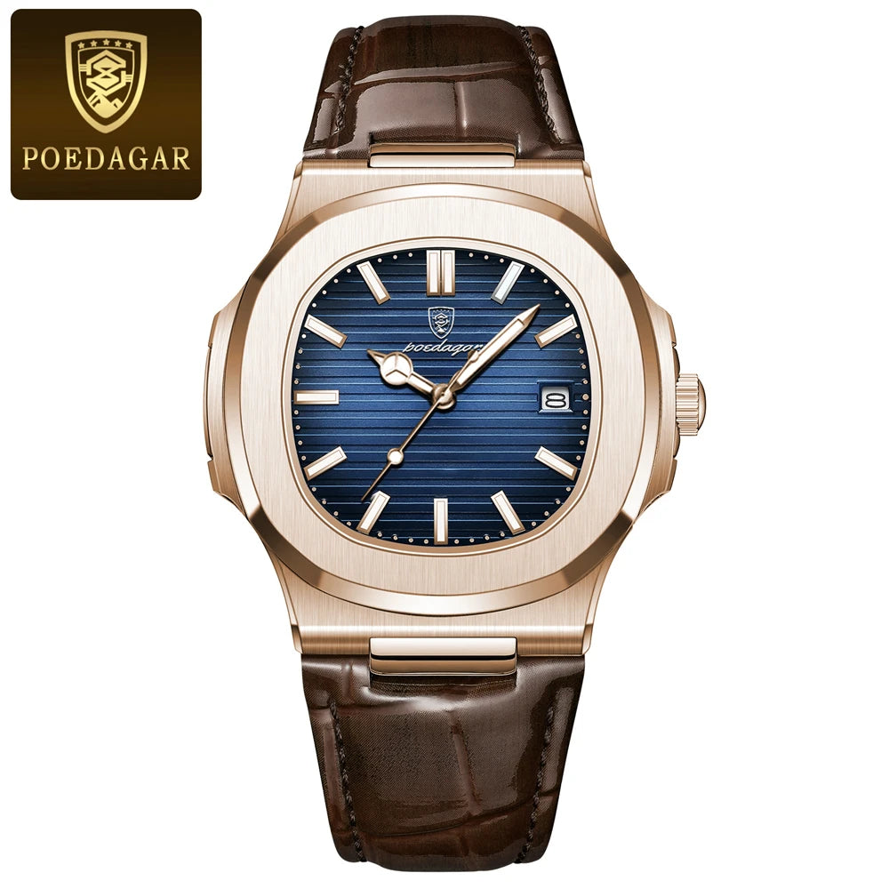 POEDAGAR Top Luxury Man Watch Date Waterproof Luminous Leather Watches For Men High Quality Square Men's Quartz Wristwatch Reloj