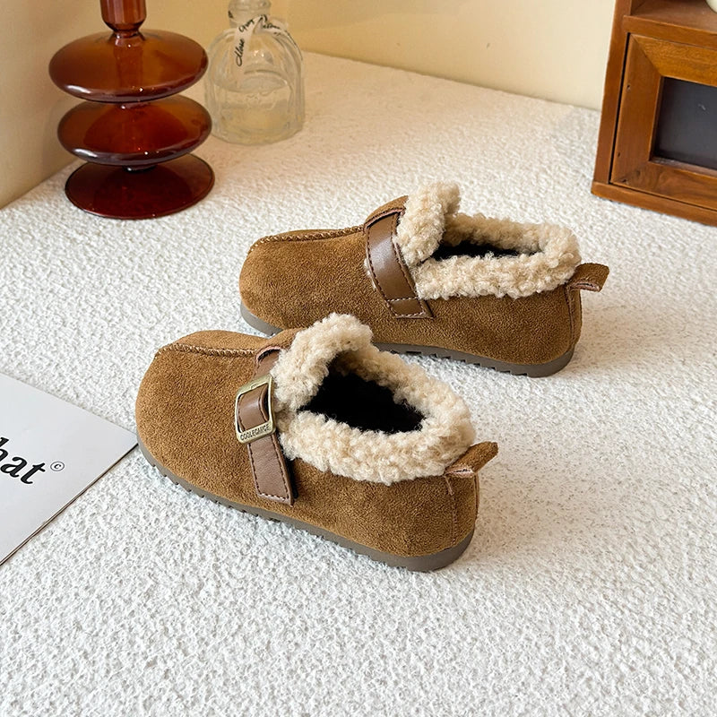 025 Winter New Children's Cotton Shoes for Girls; Soft Bottom One-piece Fur Warm Leather Shoes
