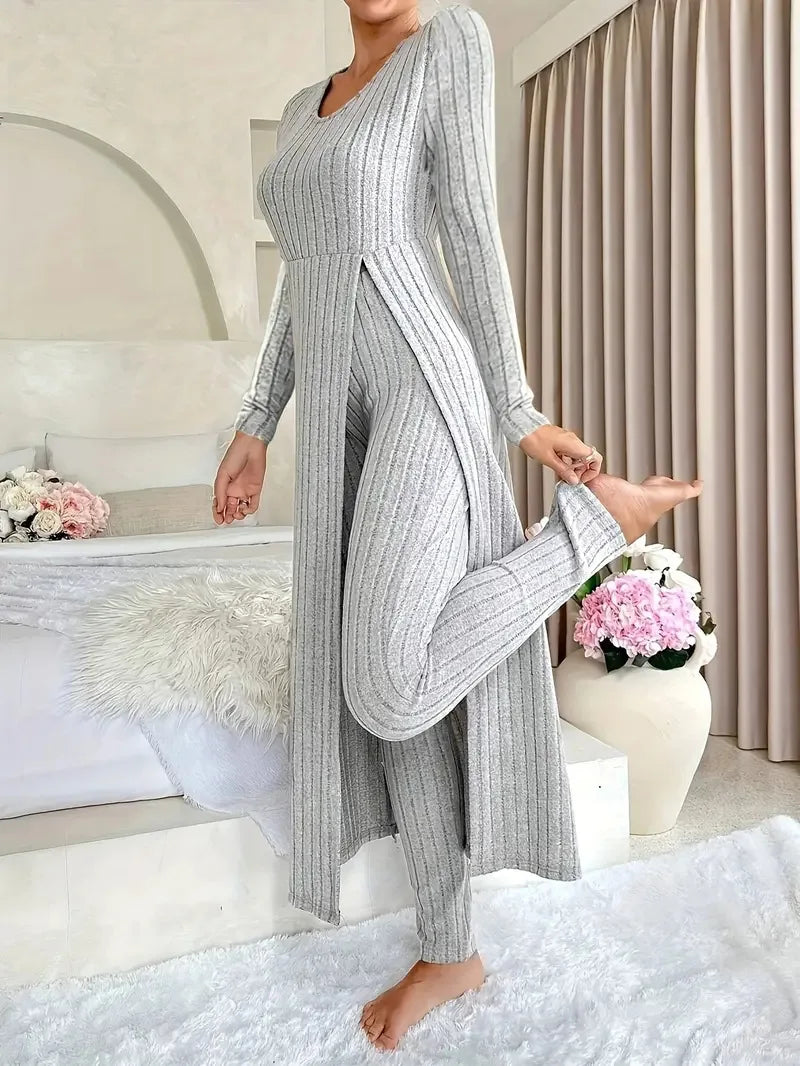 2025 Autumn Winter Home Casual Women's Suit Fashionable Solid Color Round Collar Super Long Slit Top Slim Trousers Two-piece Set
