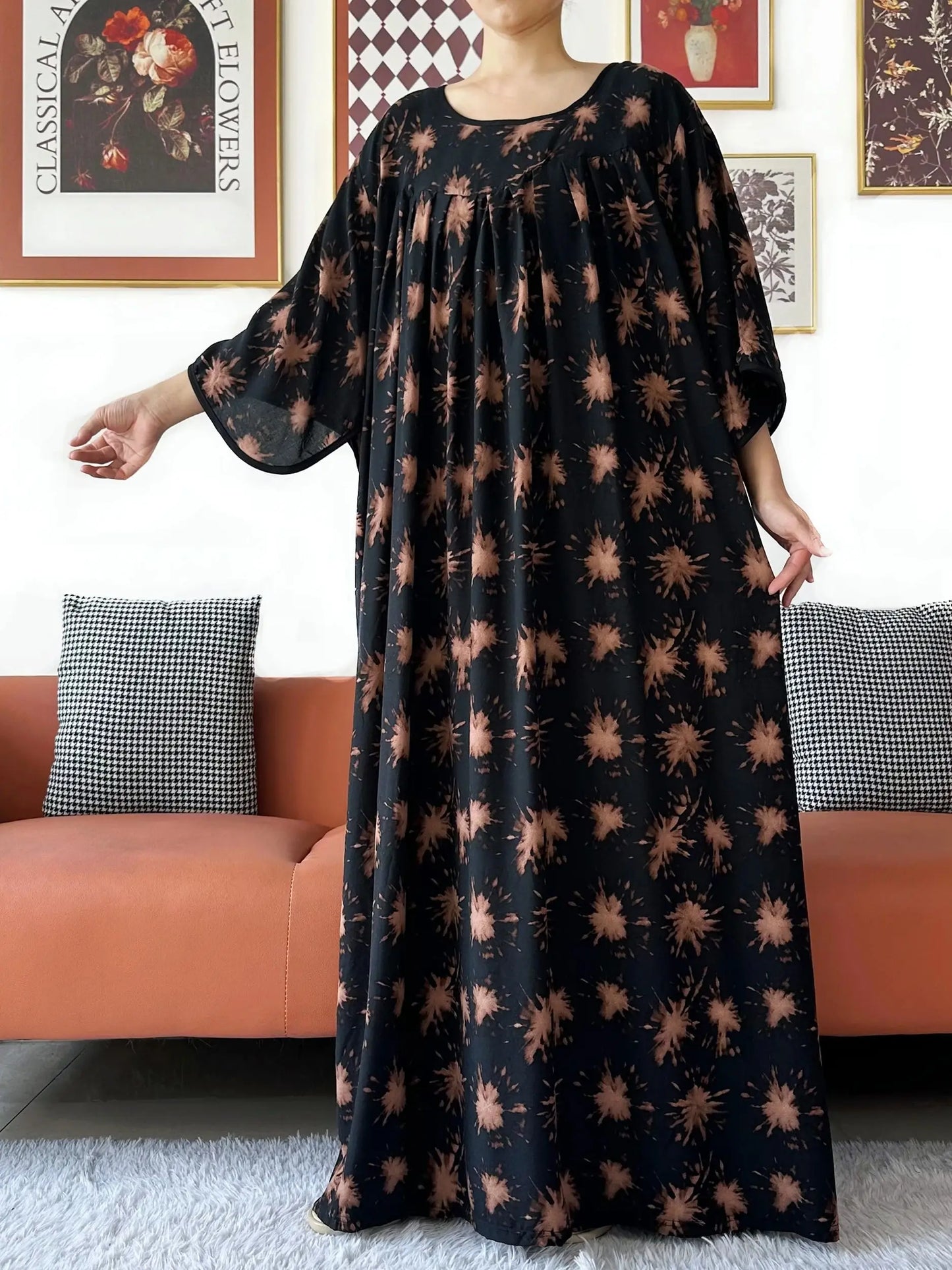 2025 New Loose Floral Dress Short Sleeve Cotton Women Abaya with Big Scarf Boho Maxi Dress Casual Fashion Dress African Vestidos