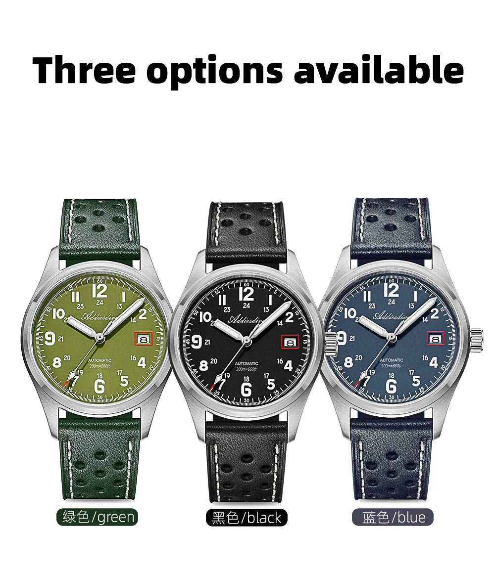 ADDIESDIVE Mechanical Watches New AD2070  Leather Strap BGW9 Super Luminous Sapphire 39mm Watches 20Bar Waterproof Reloj Hombre