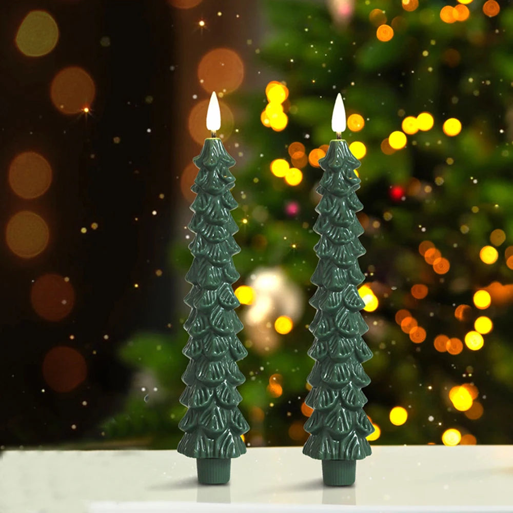 2pc/4pcs Christmas Tree LED Flameless Candles Light with 3D Flame Wick Green LED Candlesticks  Operated for Christmas Home Decor