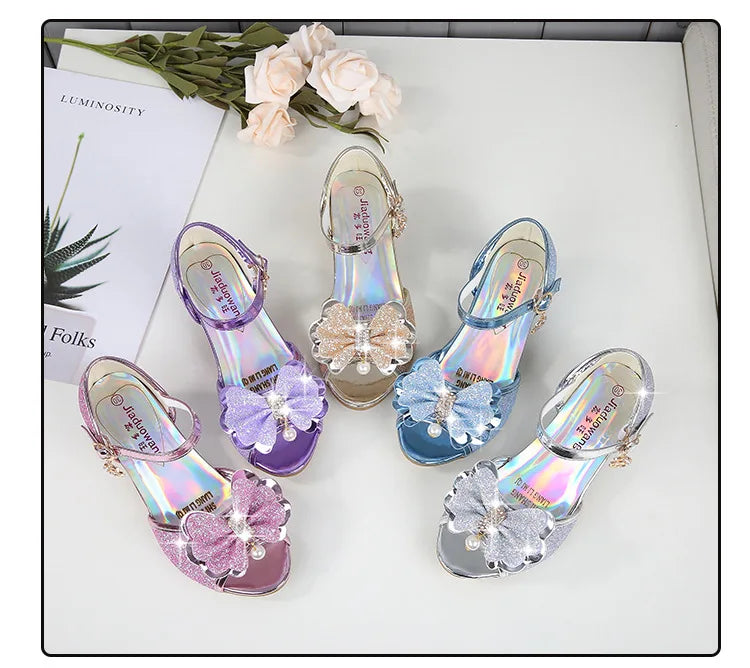 2025 Children Princess Sandals Kids Girls Wedding Shoes High Heels Dress Shoes Bowtie Gold Pink Blue Silver Shoes For Girls