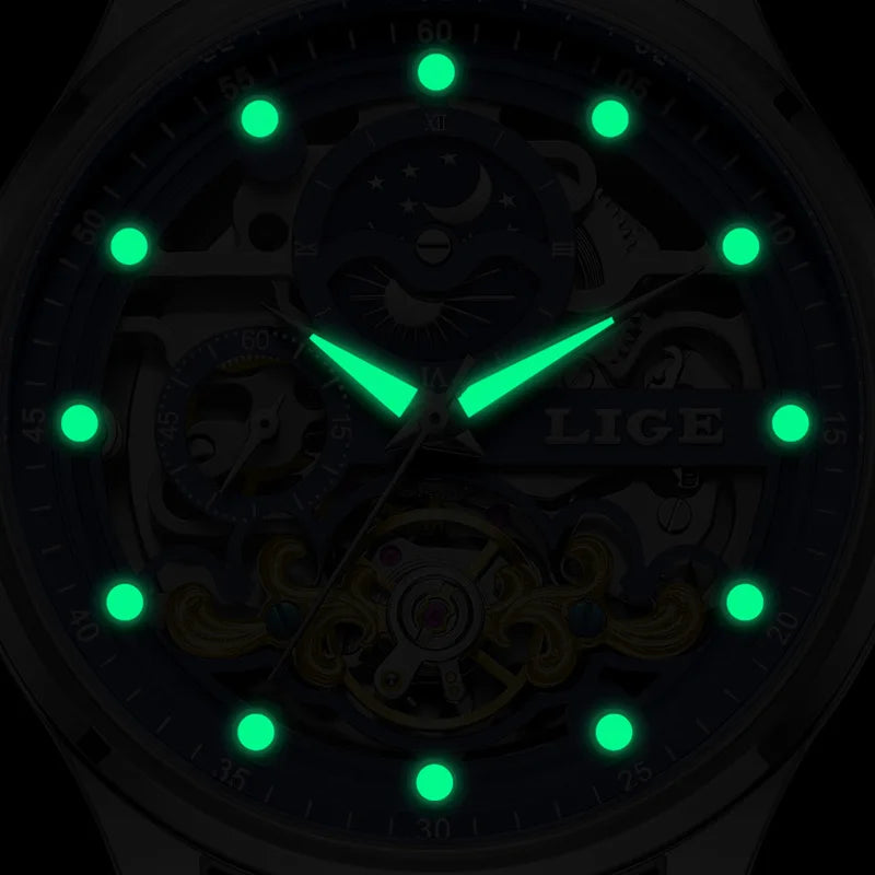 Reloj Hombre Watches Mens LIGE Top Brand Luxury Skeleton Tourbillon Automatic Mechanical Watch for Men Waterproof+Watch Box